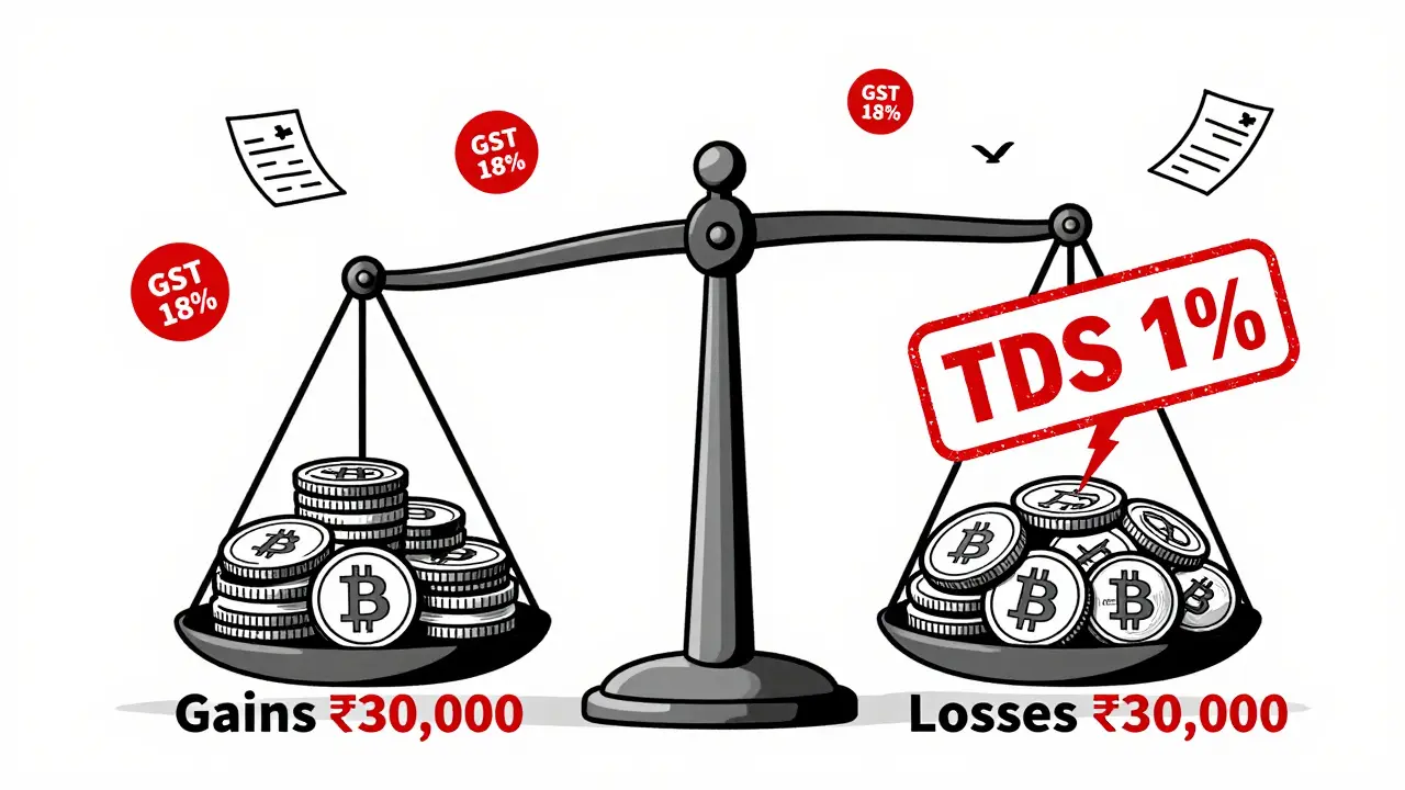 Balanza financiera donde las pérdidas no contrarrestan ganancias, con sellos de impuestos aplastando pérdidas.