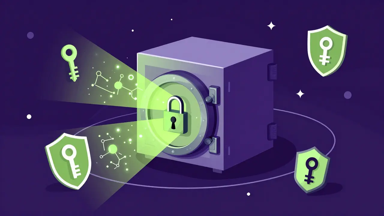 Caja fuerte cerrada emitiendo haces de luz para verificar contenido