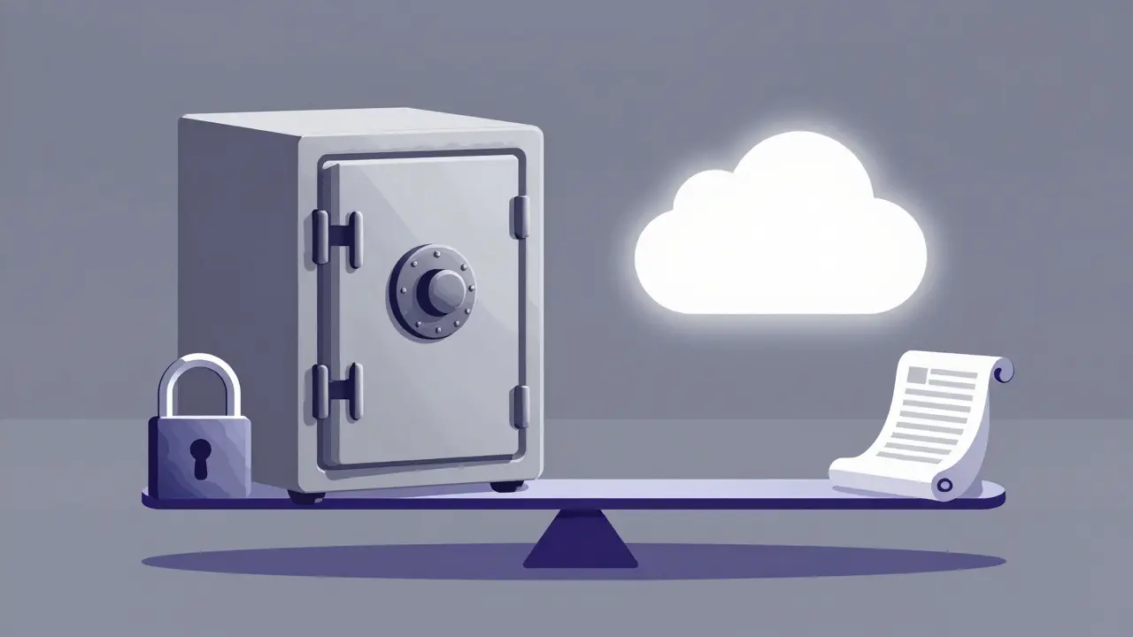 Caja fuerte física al lado de nubes digitales equilibrando seguridad.