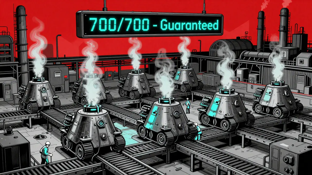 Cien tanques Origin siendo ensamblados en una fábrica, con un contador digital que muestra '700/700' en un cielo rojizo.