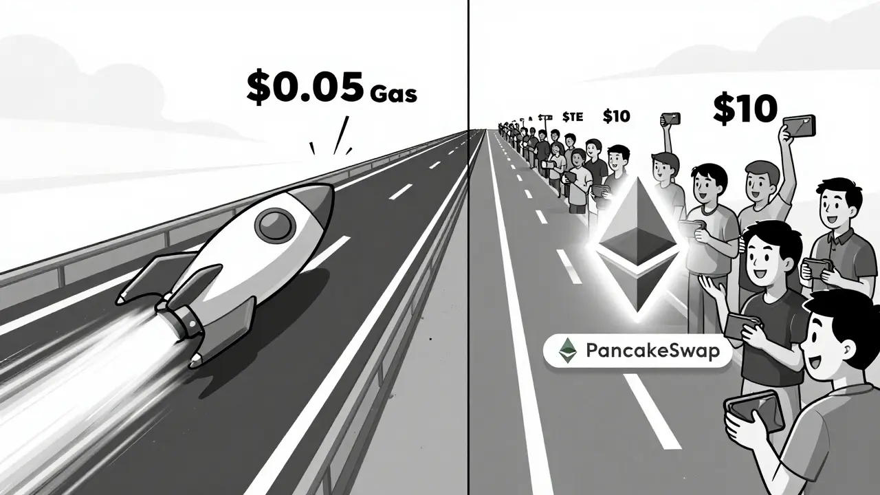 Comparación visual entre la velocidad de BSC y Ethereum, con PancakeSwap como la opción más rápida y económica.