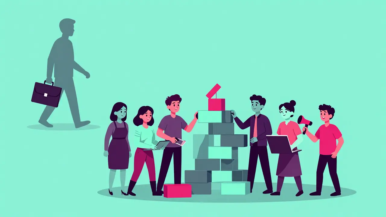 Comunidad construyendo estructura, figura se aleja al fondo.