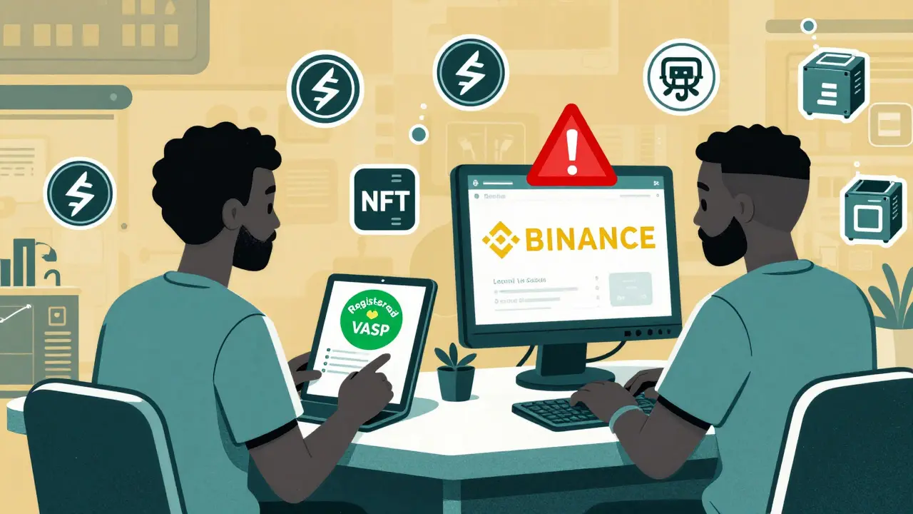 Dos usuarios en intercambios de cripto: uno registrado y seguro, otro con advertencia por usar plataforma extranjera.