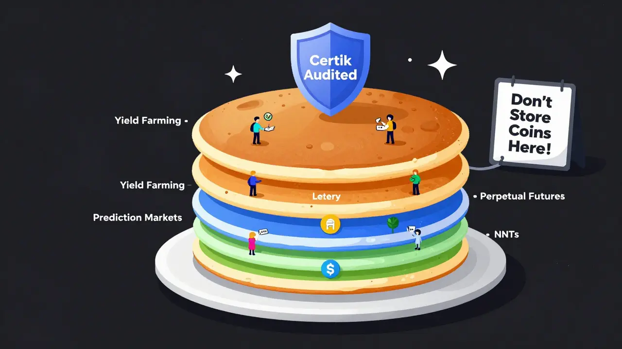 Ecosistema de PancakeSwap representado como una pila de panqueques con funciones integradas y un escudo de auditoría.