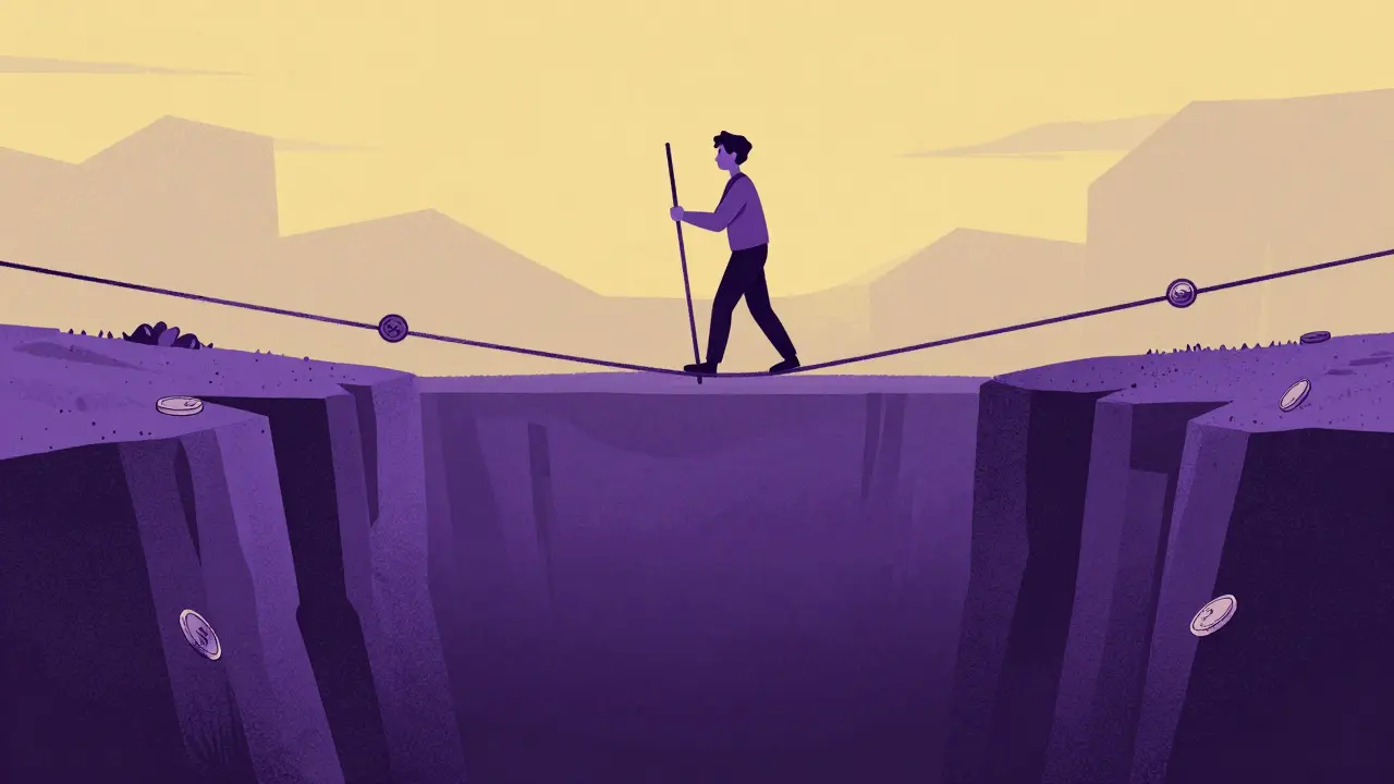 Equilibrista en cuerda floja sobre abismo con monedas.