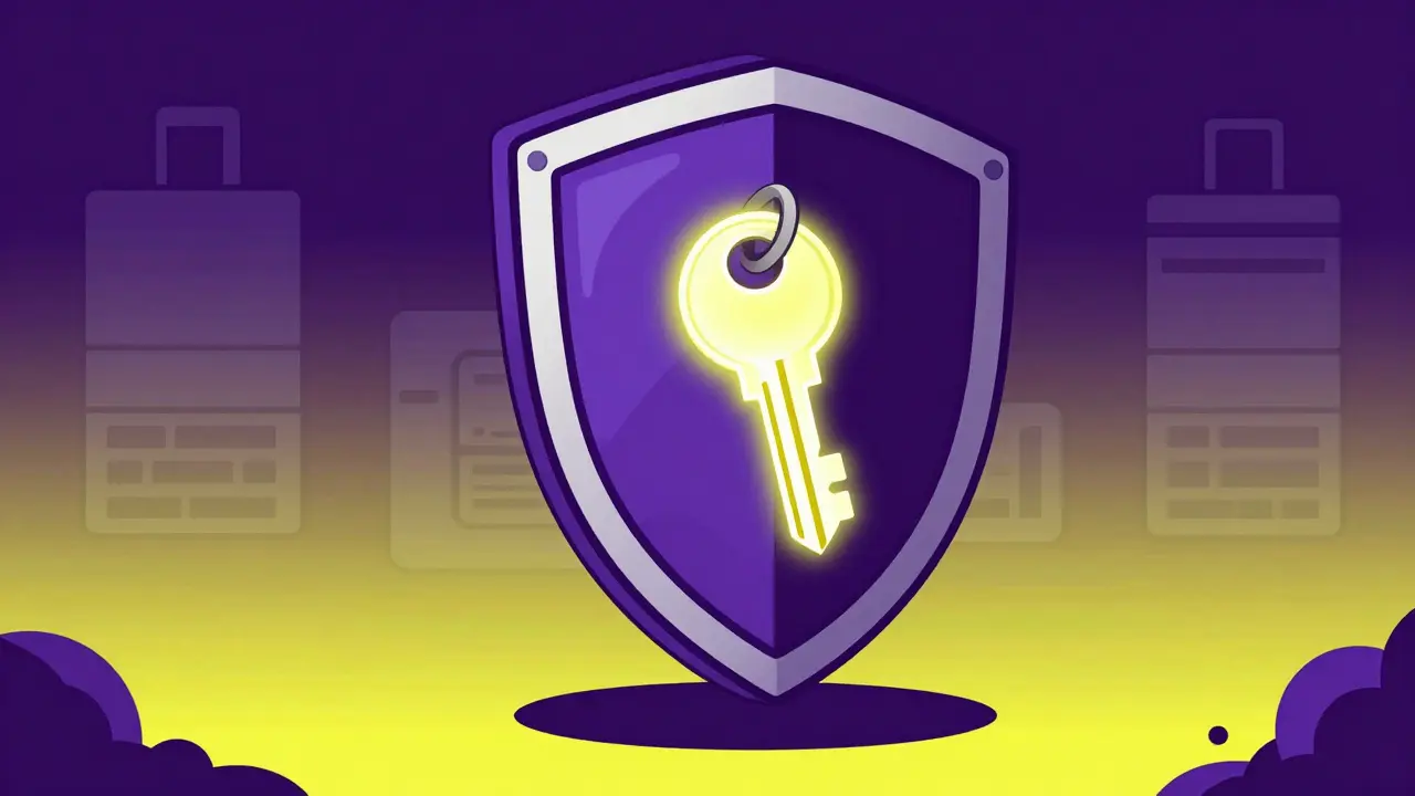 Escudo protector rodeando llaves criptográficas en tonos violeta y amarillo.