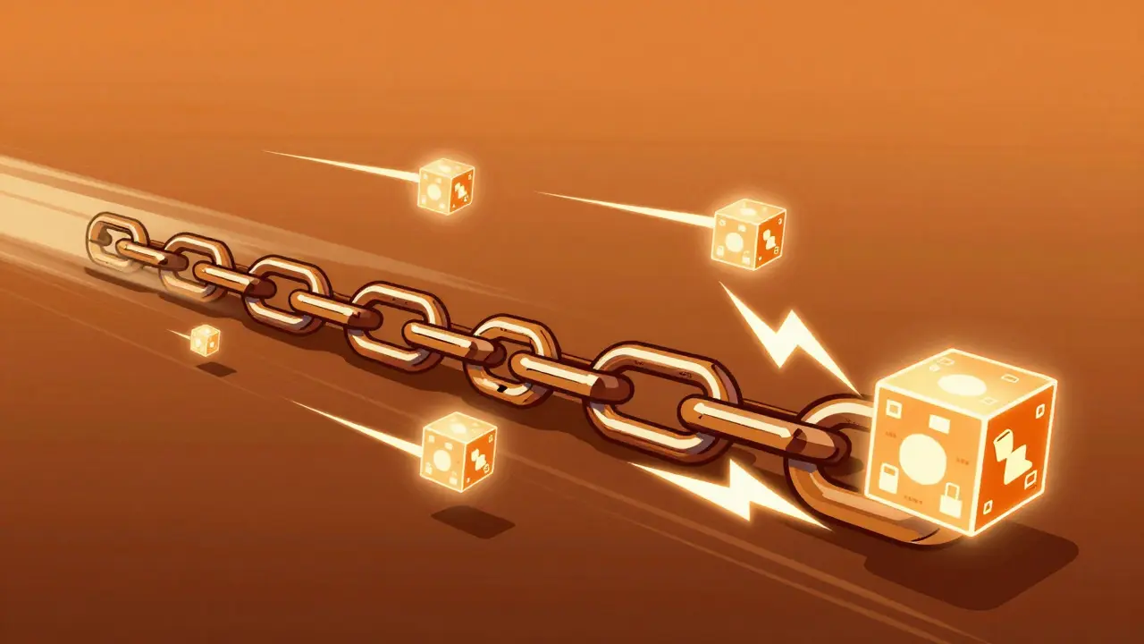 Esquema de red blockchain con rayos indicando velocidad de transferencia.