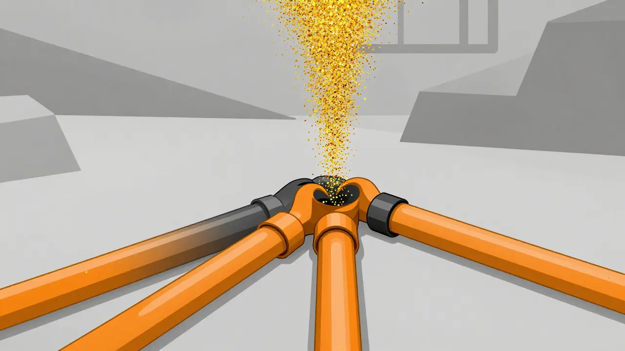 Flujo de partículas doradas dividiéndose en rutas eficientes sin gráficos.