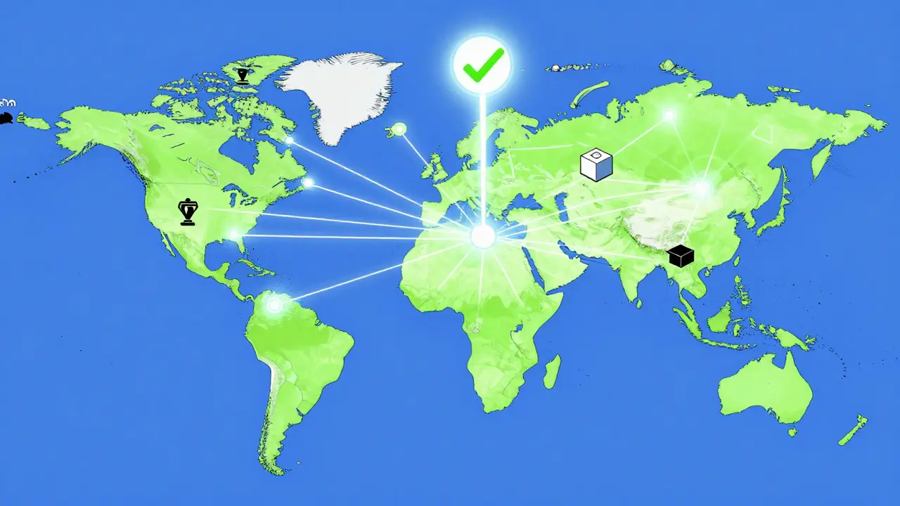Glowing network of global nodes feeding secure data into a blockchain.