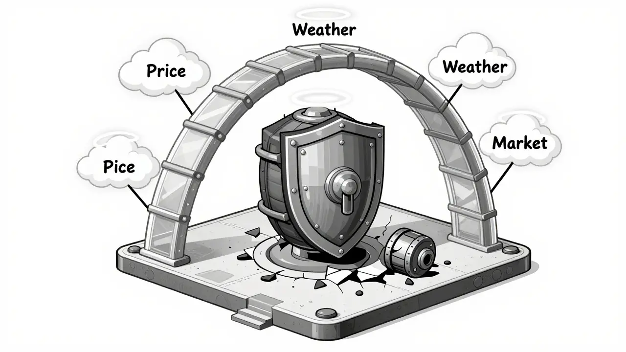 Hybrid smart contract shielded by a validated oracle bridge from real-world data sources.