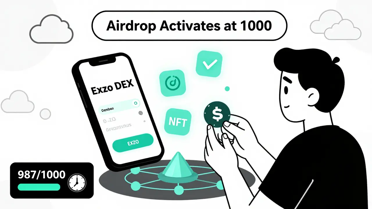 Interfaz de la DEX de Exzo mostrando intercambio de tokens EXZO, con una barra de progreso del airdrop y símbolos de funcionalidades clave.