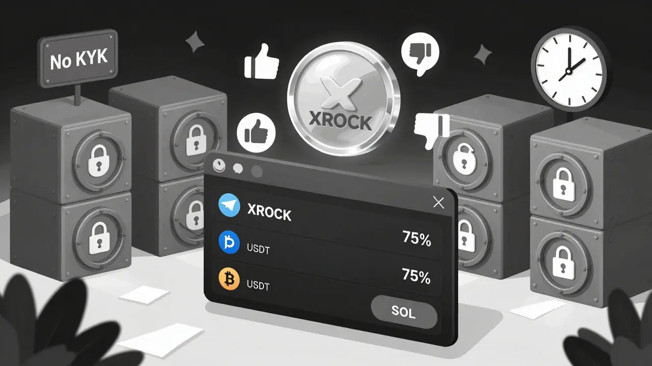 Interfaz de Telegram con operaciones cripto en tiempo real, token XROCK y símbolos de gobernanza, vaults de almacenamiento en frío.