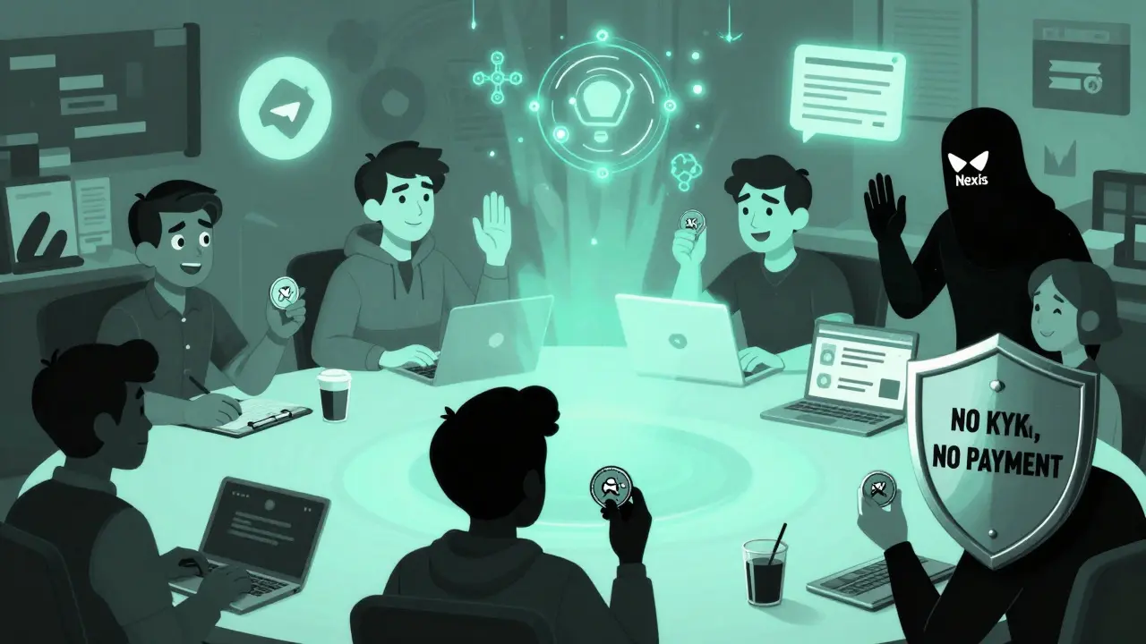 Miembros de la comunidad en un chat de Telegram participando activamente, mientras figuras fraudulentas son rechazadas por un escudo de seguridad.