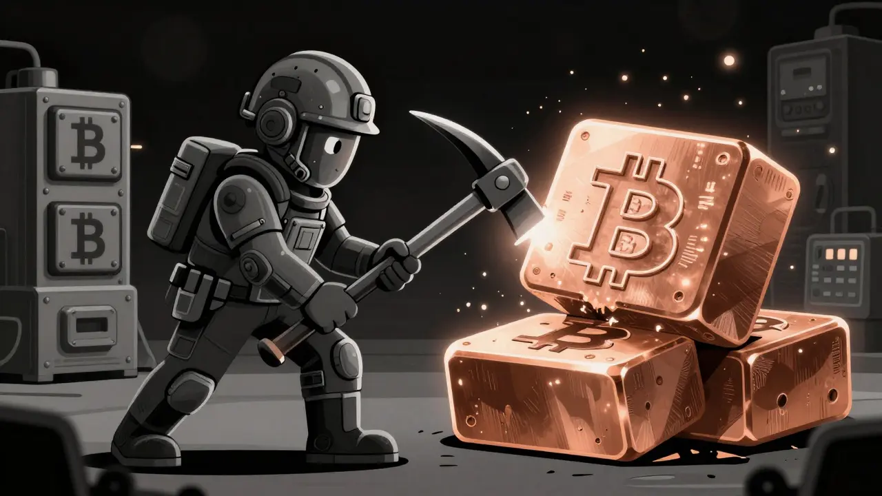 Minero digital golpeando un bloque de Bitcoin que se divide a la mitad, con equipos de minería al fondo.