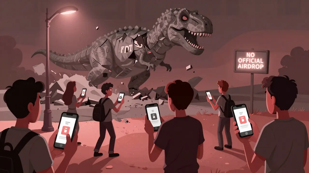 Personas confundidas miran pantallas con estafas de airdrop mientras una estatua de dinosaurio se derrumba en polvo.