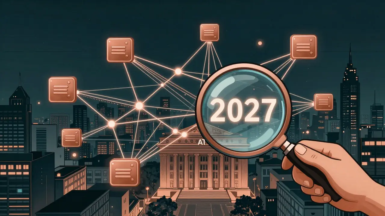 Red blockchain brillante sobre Lisboa, con un lupa rastreando una transacción hacia el año 2027.