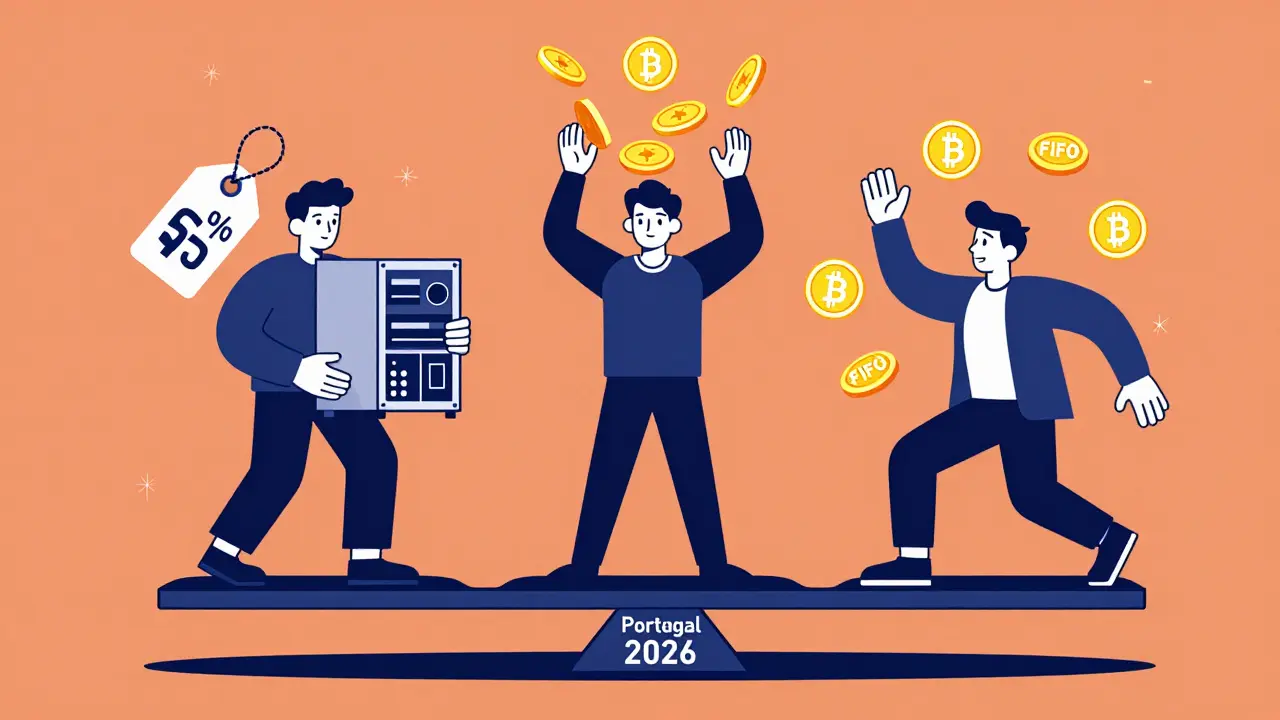 Tres figuras representando minería, staking y trading activo en una balanza fiscal de Portugal 2026.