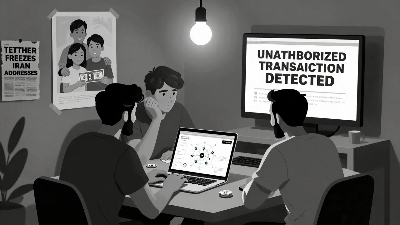 Tres personas en un apartamento transmitiendo DAI en una red Polygon, mientras una alerta gubernamental aparece en una pantalla.