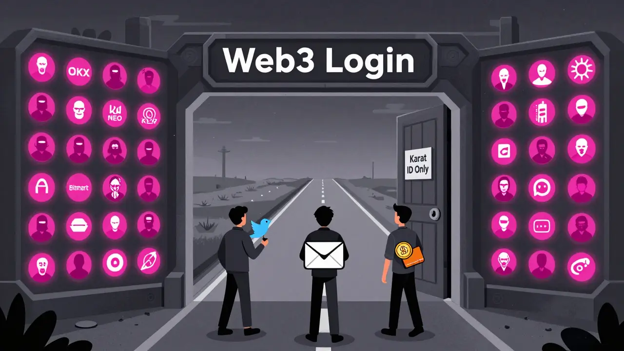 Tres usuarios se acercan a una puerta Web3 protegida por líderes del ecosistema cripto, con Karat ID como única clave.