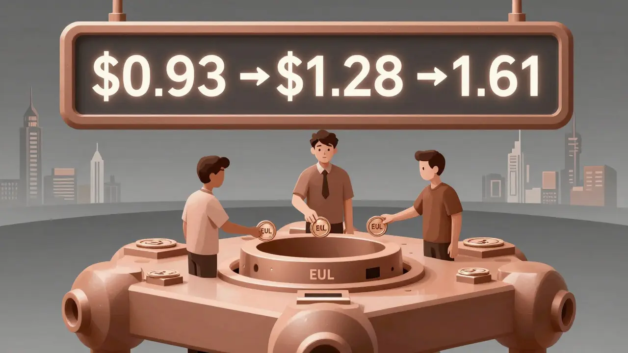 Tres usuarios votan con tokens EUL en una urna blockchain mientras una tabla muestra precios en aumento.