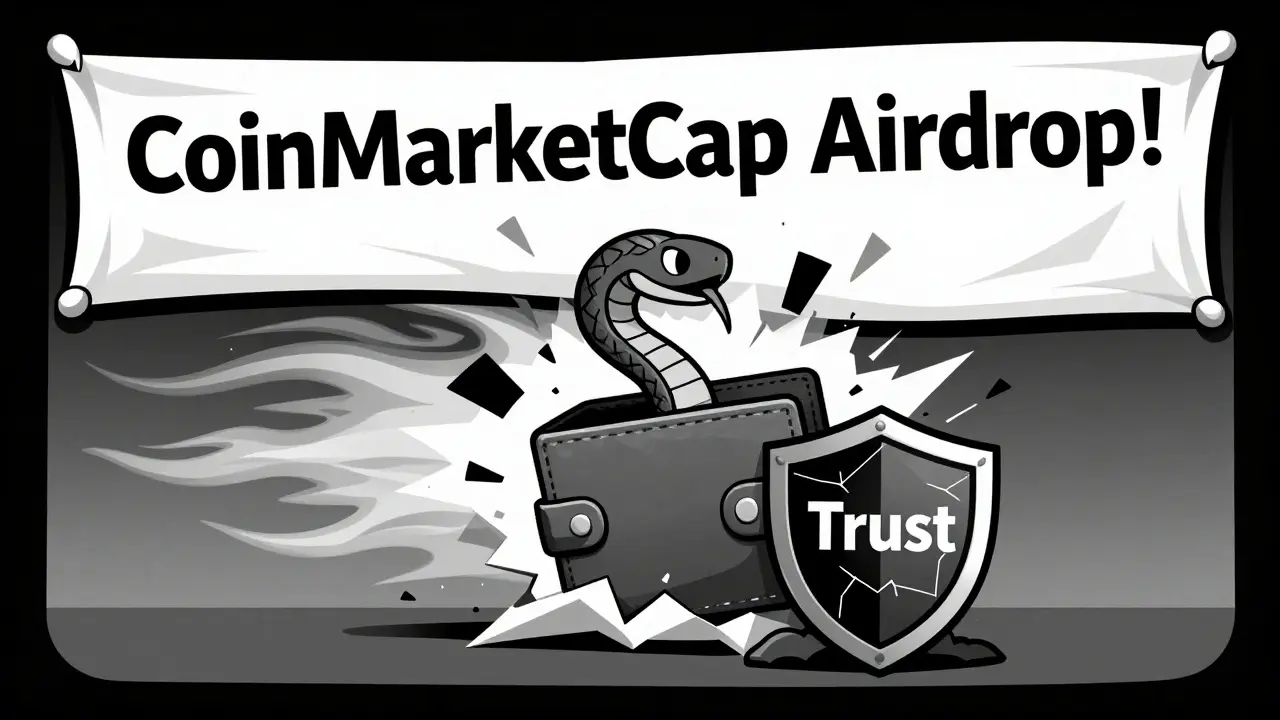 Un anuncio falso de airdrop se desgarró, revelando un enlace de phishing oculto.