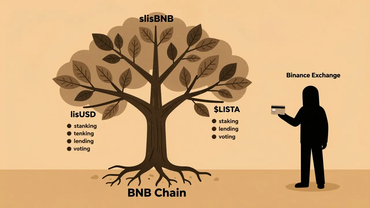 Un árbol de DeFi crece desde la BNB Chain, con ramas que representan staking, préstamos y gobernanza, mientras un intercambio centralizado mira desde lejos.
