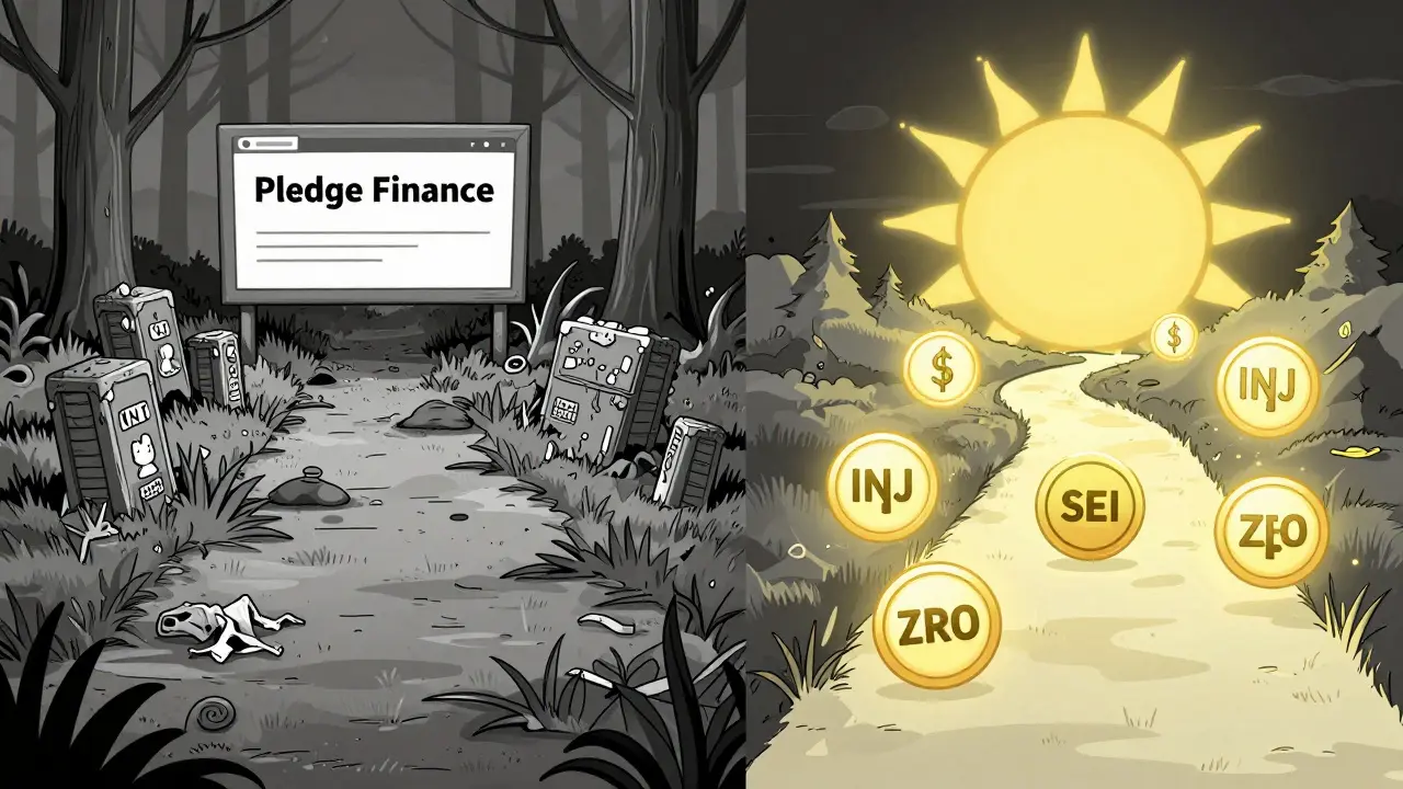 Un camino muerto para Pledge Finance frente a otro activo con tokens reales como INJ y ZRO bajo un sol naciente.