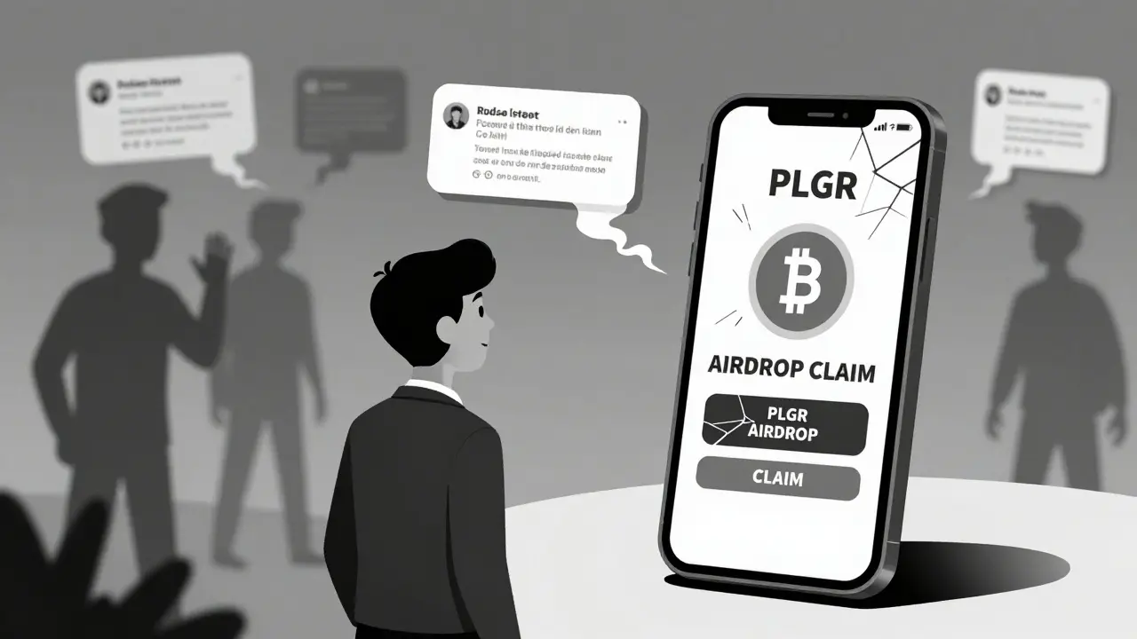 Un inversor mira una pantalla falsa de 'claim' de PLGR, mientras sombras difunden rumores engañosos.