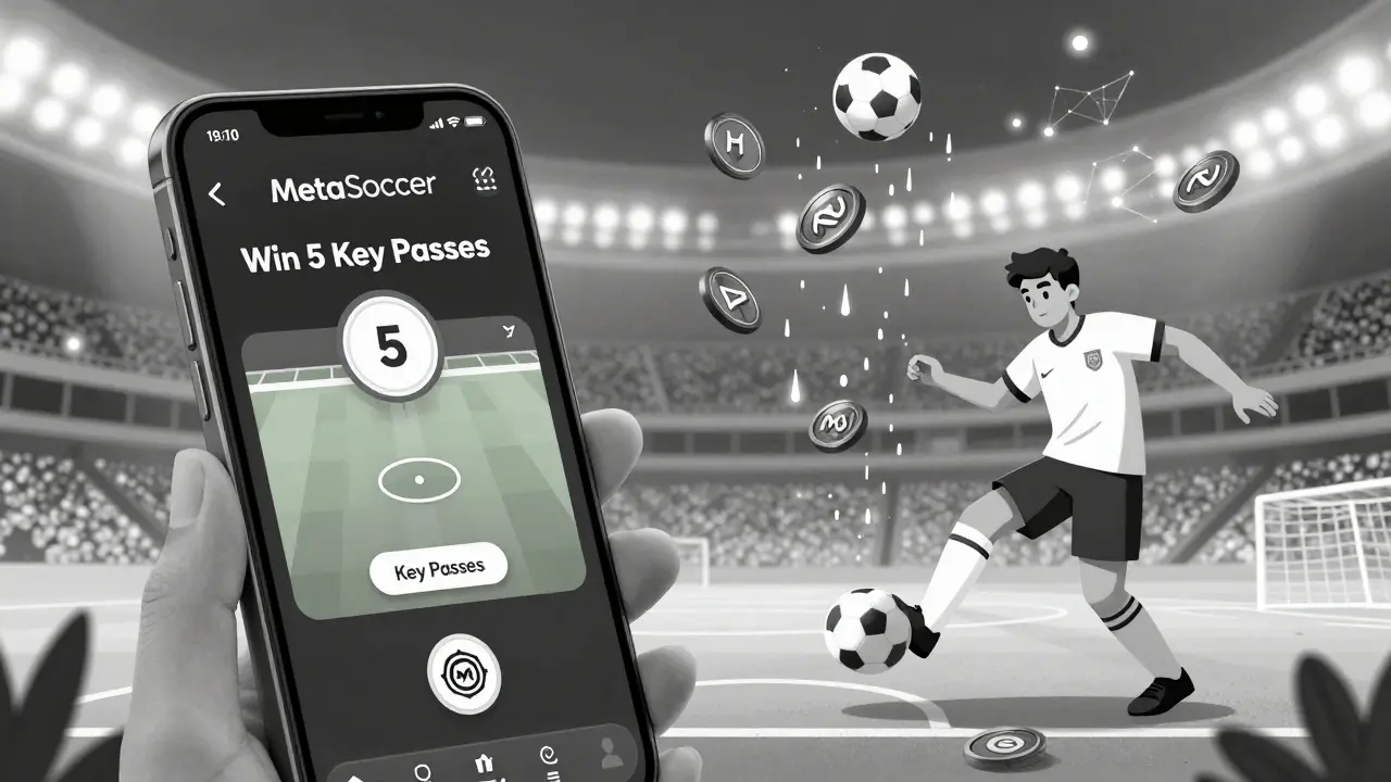 Un jugador en su teléfono completa un desafío en MetaSoccer mientras tokens MSU caen como lluvia sobre el campo virtual.