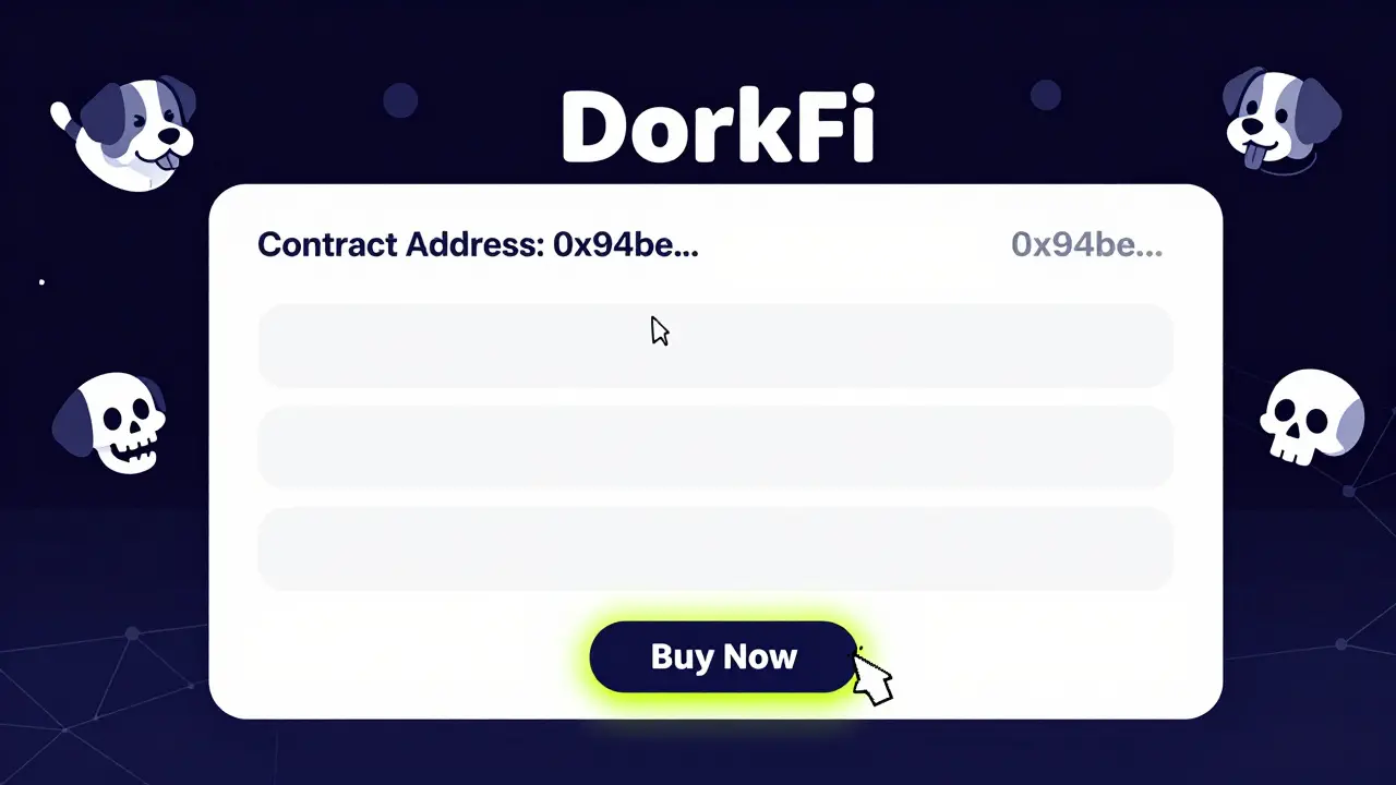 Un panel de DeFi vacío muestra solo una dirección de contrato y memes flotantes, bajo un fondo oscuro con líneas de Ethereum.