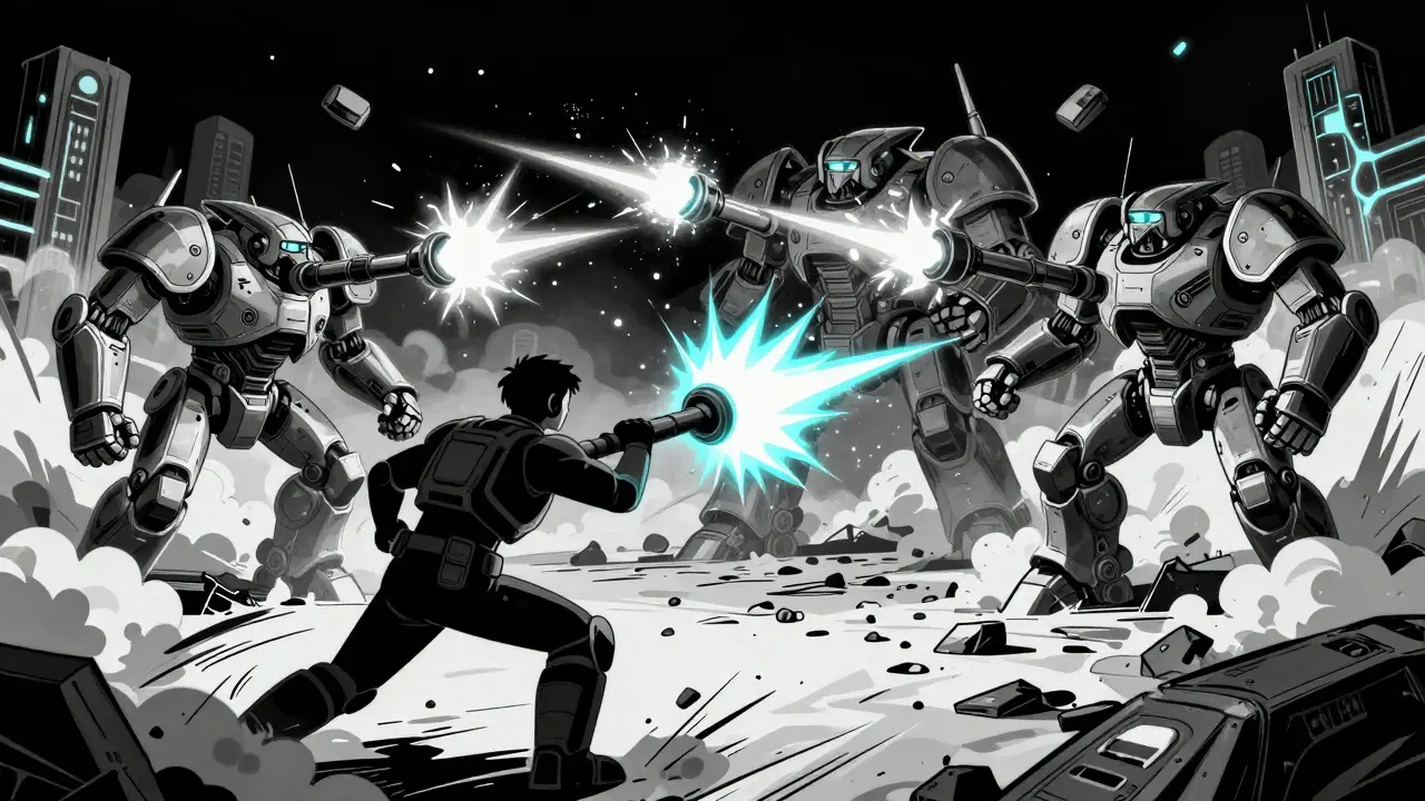 Un tanque NFT en batalla contra otros tres en un campo de guerra apocalíptico, con chispas y humo congelado en movimiento.