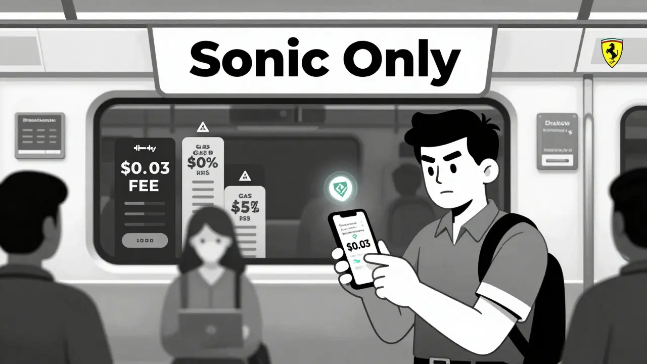 Un trader en el metro usa Shadow Exchange en su móvil, mientras otros usan intercambios lentos, destacando la velocidad y especialización de Sonic.