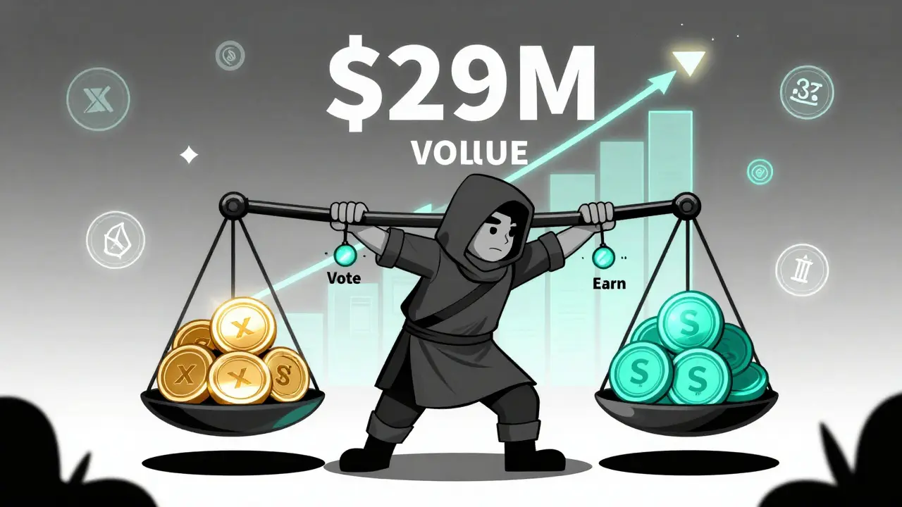 Un usuario ajusta tokens xSHADOW, S y stS mientras un símbolo x(3,3) brilla, simbolizando un modelo innovador de recompensas.