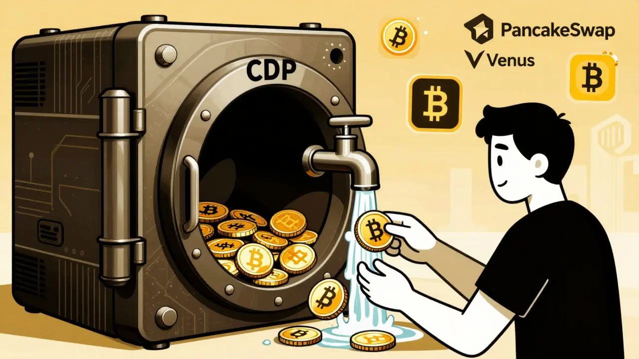 Un usuario deposita slisBNB en una bóveda digital para recibir lisUSD, con símbolos de protocolos DeFi alrededor.