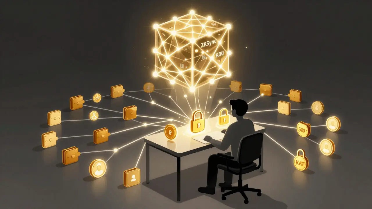 Un usuario stakea 500 KAT mientras su identidad se vincula a una red de 300,000 billeteras en ZKSync.
