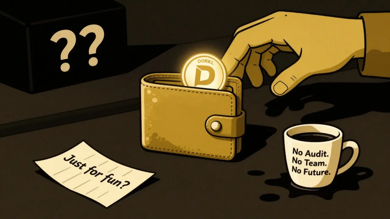 Una billetera crypto brilla con un solo token DORKL, mientras una mano misteriosa intenta alcanzarla desde la oscuridad.