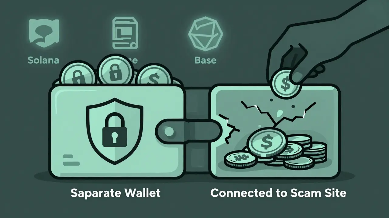 Una billetera digital dividida: una segura y otra siendo vaciada por manos invisibles.