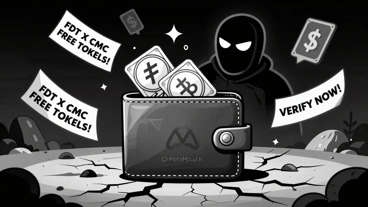 Una billetera es vaciada por una figura con máscara de CoinMarketCap, mientras carteles falsos de airdrop flotan alrededor.