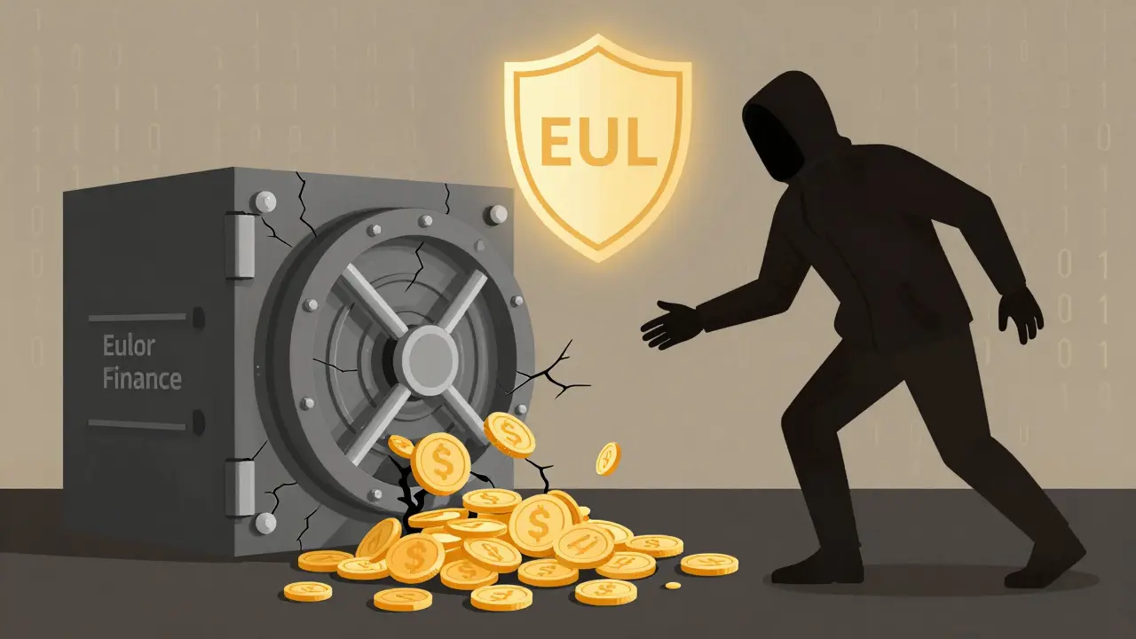 Una bóveda digital rota derramando monedas mientras un hacker huye, con un escudo de tokens EUL brillando.
