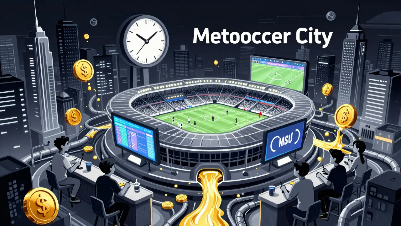 Una ciudad digital con un estadio NFT flotante, avatares viendo partidos y tokens MSU fluindo por tuberías de blockchain.