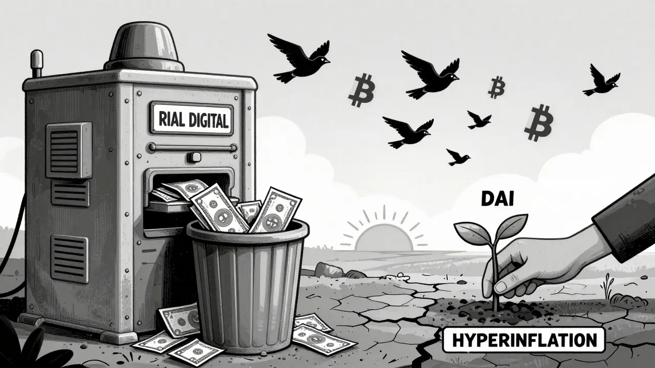 Una máquina gubernamental destruye el rial digital mientras una mano planta una semilla DAI en tierra agrietada por la hiperinflación.