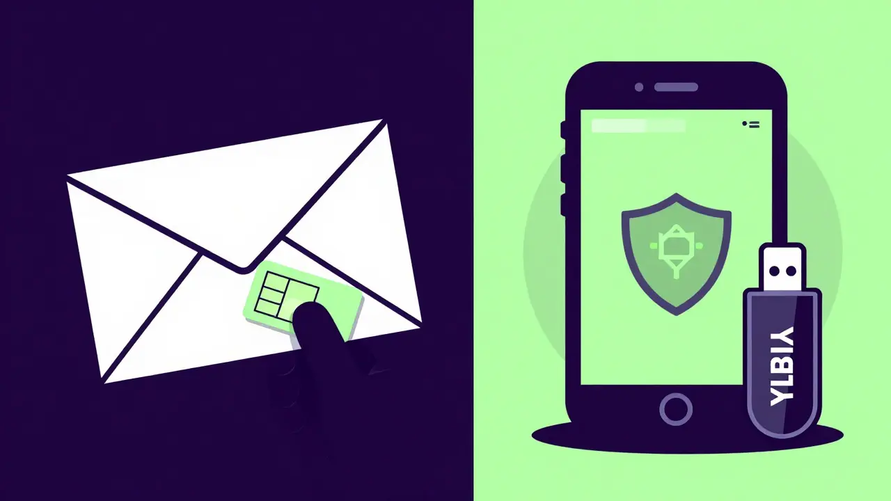 Comparativa en estilo duotono entre la inseguridad del SMS y la seguridad de las apps de autenticación y llaves físicas.