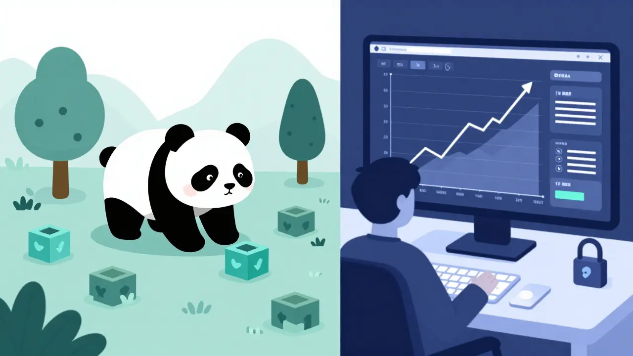 Composición dual que muestra el juego de PandoLand y el análisis financiero de tokens.
