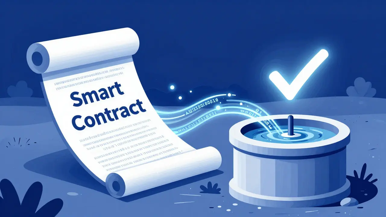 Contrato inteligente transformándose en un pozo de agua real para representar transparencia.