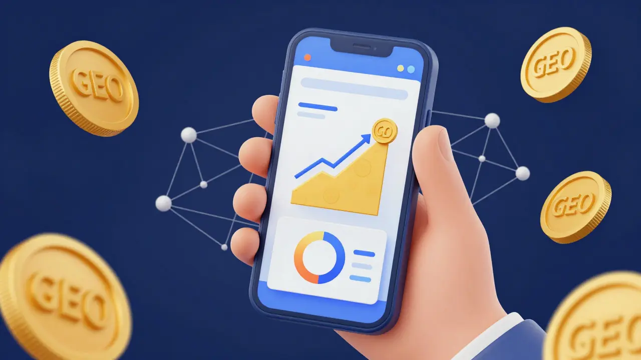 Dibujo en duotono de una mano con móvil mostrando una billetera digital y tokens GEO flotando alrededor.