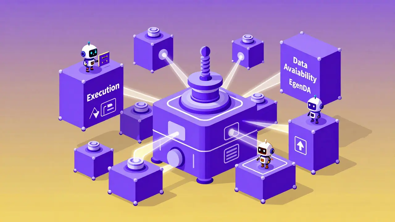 Dibujo modular en estilo duotono mostrando el funcionamiento técnico de la red Mantle.