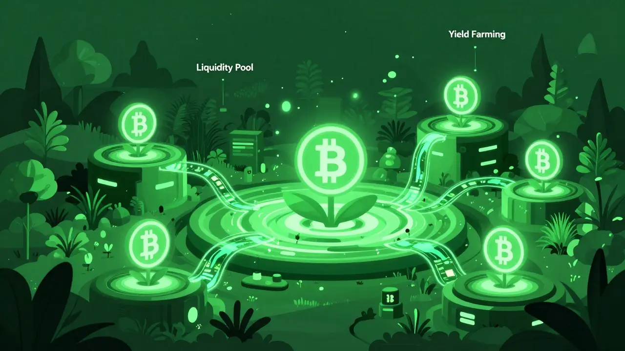 Ecosistema digital de pools de liquidez y yield farming representado como un jardín tecnológico.