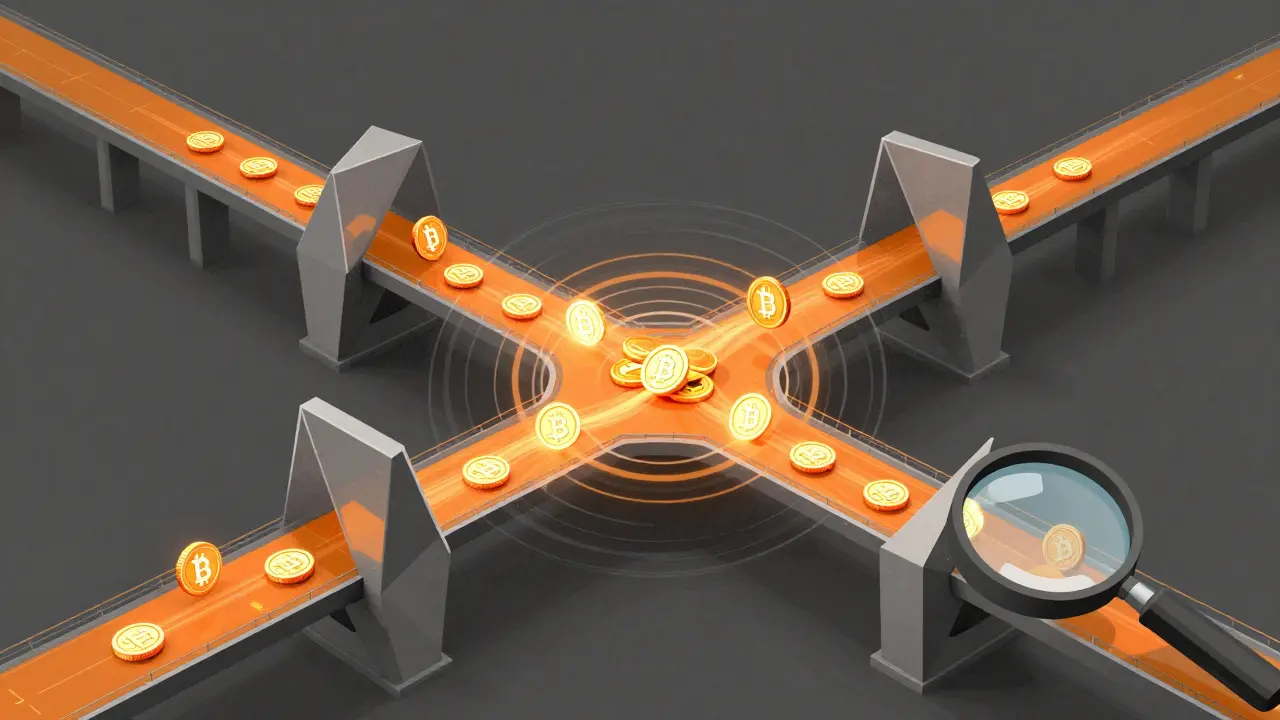 Esquema abstracto de monedas digitales pasando por puentes para borrar el rastro del dinero robado.