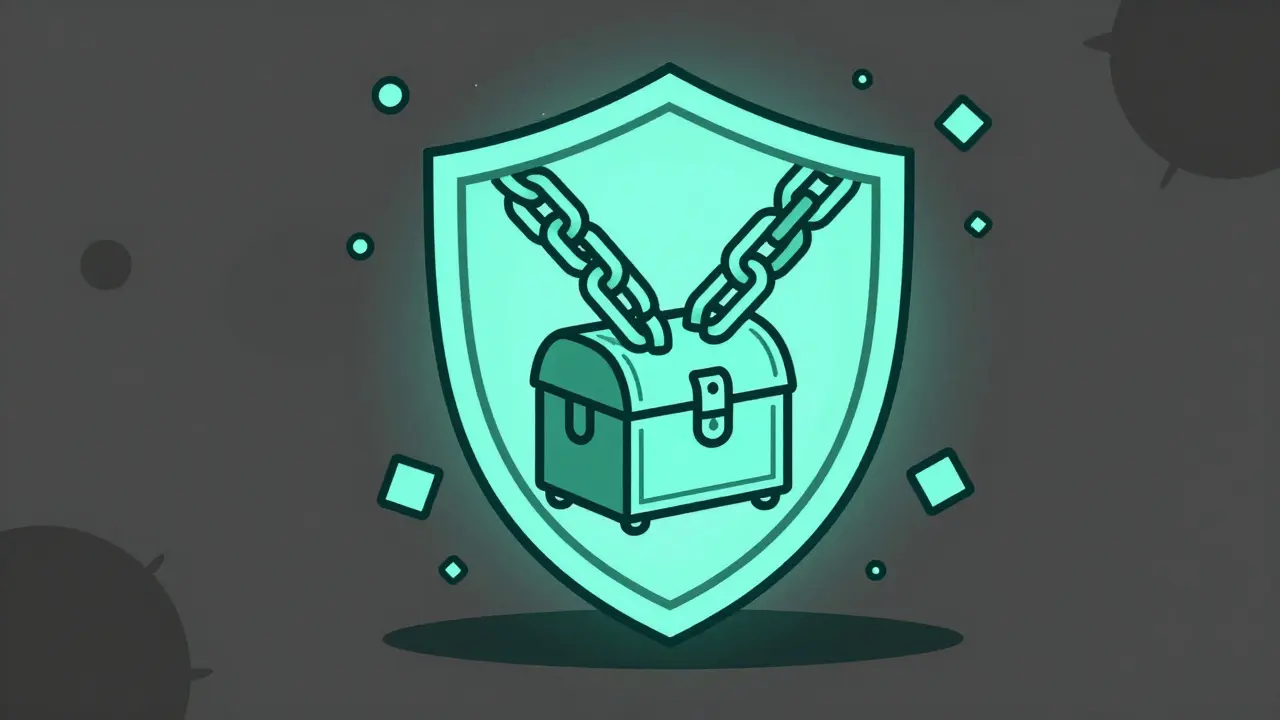 Iconografía de seguridad blockchain con escudo y cadenas entrelazadas