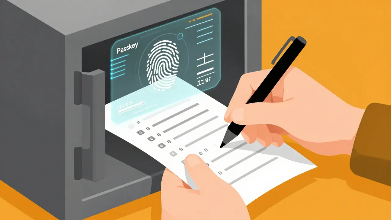 Ilustración duotono de códigos de recuperación escritos en papel guardados en una caja fuerte y acceso biométrico.